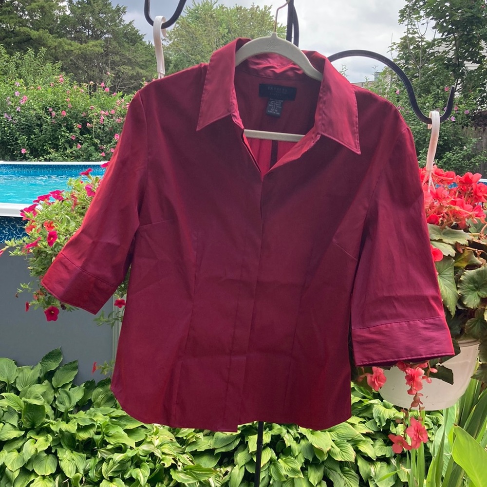 Express Stretch - 13/14 Red Button Up Short Sleev… - image 1